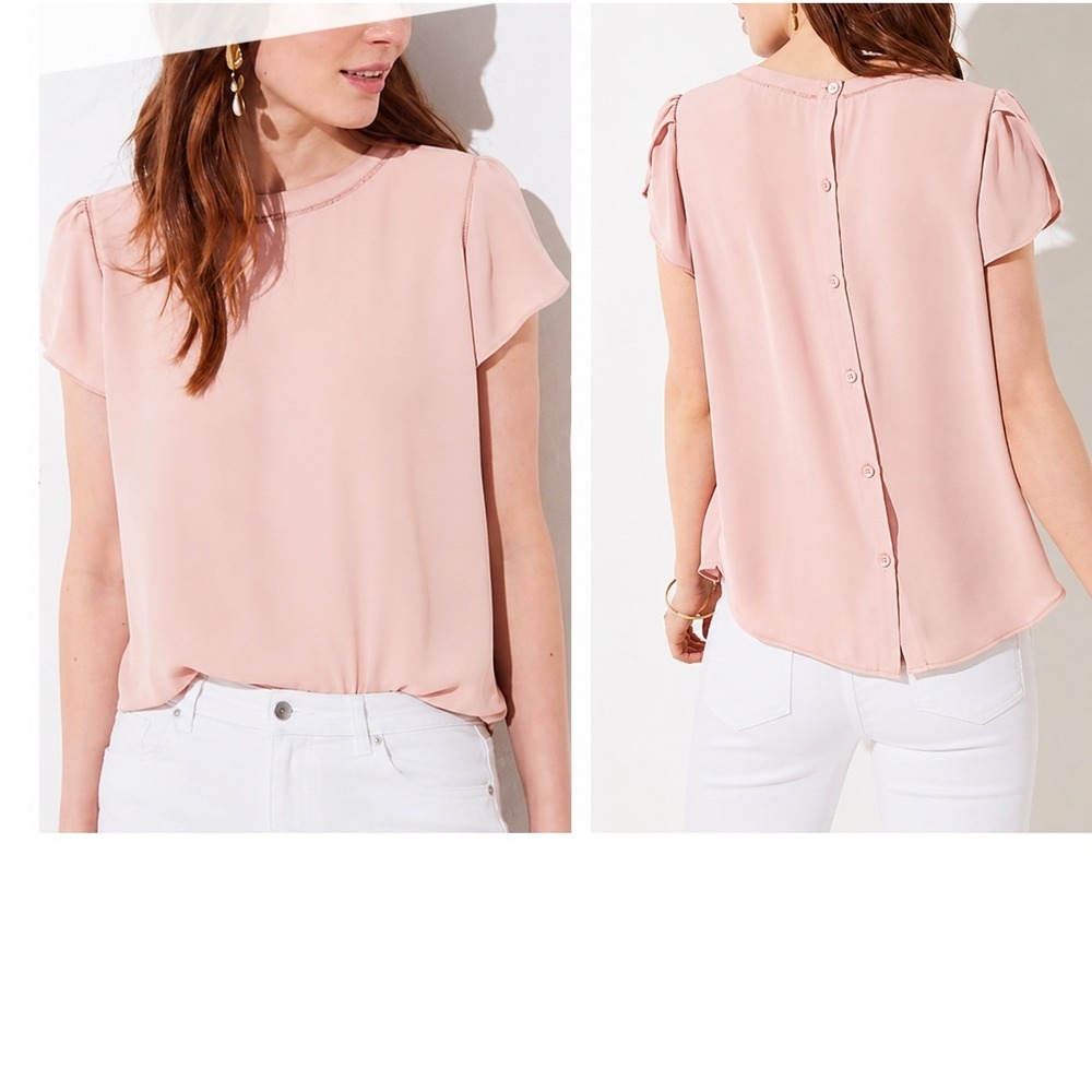 Loft Petites LP Blush Button Back Ladder Stitch Flutter Sleeve Blouse GUC dressy